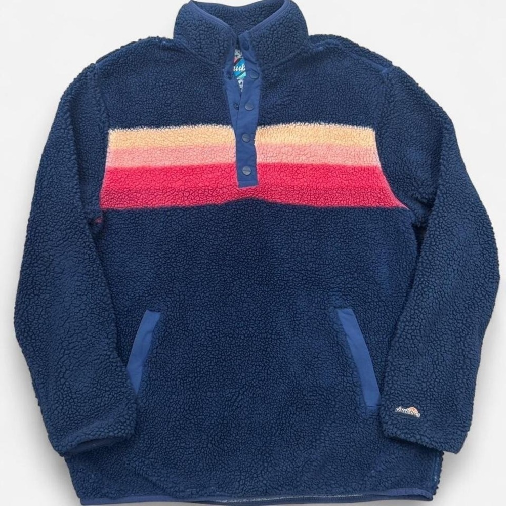 Chubbies Sherpa Fleece Pullover Mens XL Blue Retro Stripe Snap Button 0206